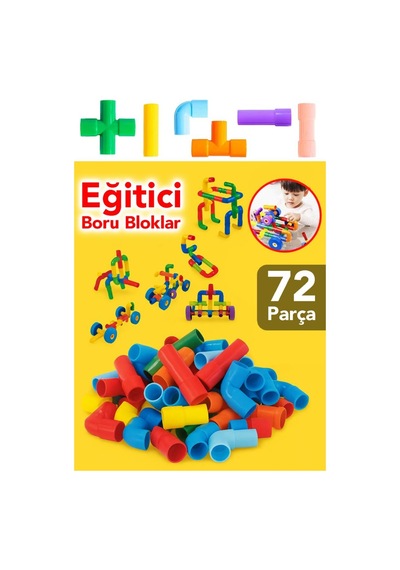 72 Parça Oyun Yapı Blokları - Renkli Tekerlekli Boru Blokları Eğitici Öğretici Oyuncak