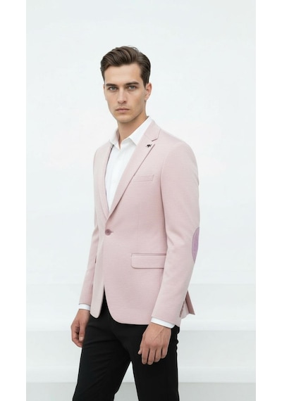 Plus Scorpion Açık Pembe Erkek İtalyan Kesim Blazer Ceket Kol Yamali, Slim Fit, Şık Ve Modern Tasarım Pembe