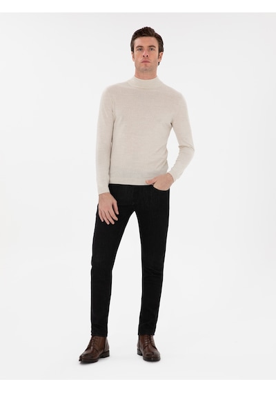 Cacharel Bej Slim Fit Yün Karışımlı Yarım Balıkçı Yaka Basic Triko Kazak