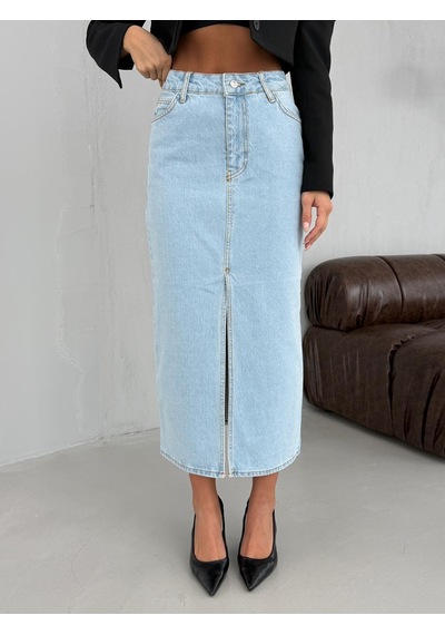 Yüksek Bel Yırtmaçlı Denim Etek Çok Renkli