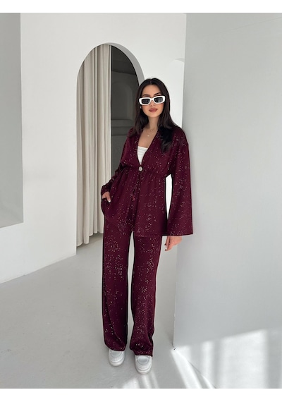 Kadın Simli Uzun Kol Modal Kumaş Kimono Pantolon İkili Takım Şık Ve Rahat Kadın Takım Bordo Kadın Simli Uzun Kol Modal Kumaş Kimono Pantolon İkili Takım Şık Ve Rahat Kadın Takım Bordo