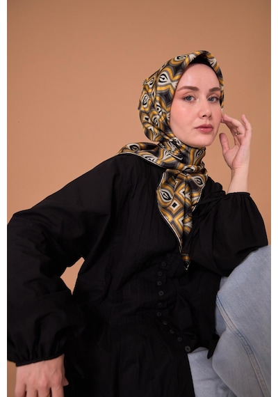 Twill İpek Eşarp 11470-31 Siyah, Yanık Sarı, Gri, Antrasit