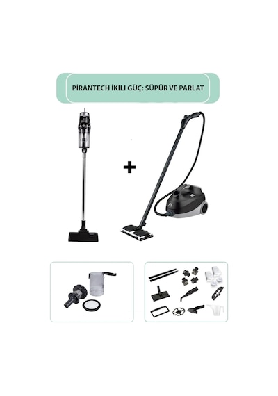 Pirantech CB-107C Çok Fonksiyonlu Buharlı Temizlik Makinası + Pirantech EK200 Torbasız Kablolu Dikey Süpürge
