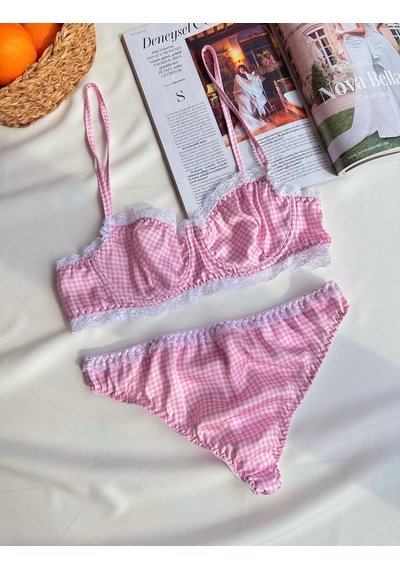 Pembe Saten Balenli Sütyen Takımı Pembe