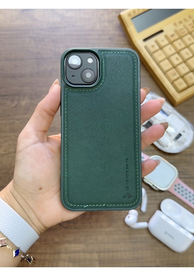 Apple iPhone 14 Uyumlu Premium Deri Dokulu Darbelere Karşı Dayanıklı Nazal Silikon Kılıf Haki