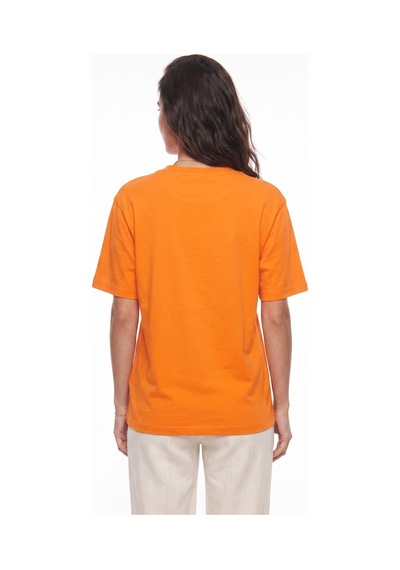 Onloox Kadın Turuncu Turuncu Pamuklu Bisiklet Yaka Rahat Kalıp Nakışlı Ayıcık Detaylı Kısa Kollu T-shirt