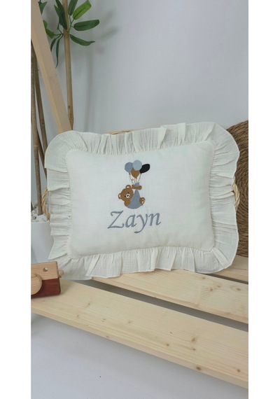 Gros Shop Müslin Yeni Doğan 4katlı Organik %100pamuk Kişiye Özgü Nakışlı Hastane Çıkış Seti Balonlu Ayıcık-2 Ekru-3