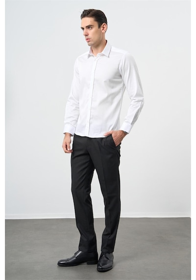 İmza Beyaz Uzun Kol Düz Bez Ayağı 032 Sert Yaka Classic Slim Fit Gömlek 1004245324 Beyaz