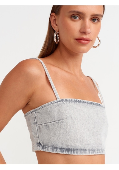 Dilvin Kısa Denim Büstiyer Gri