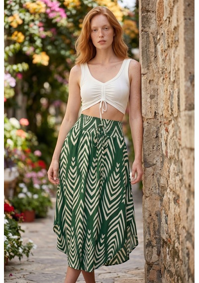 Soulshae Geometrik Desenli Beli Lastikli Asimetrik Midi Etek Yeşil