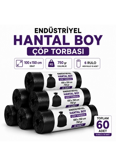 Hantal Boy Endüstriyel Çöp Torbası Siyah 100x150 Cm 700 Gr Ekstra Dayanıklı Sızdırmaz 6 Rulo / 60 Adet