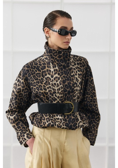 Molene Leopar Desenli Dik Yaka Bomber Ceket