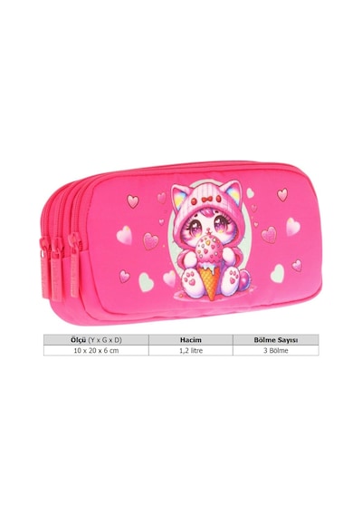 Kaukko Kids Fuşya, Dondurma Yiyen Kedi, Kız Çocuk Üç Gözlü Okul Kalem Çantası - L8250 Fuşya
