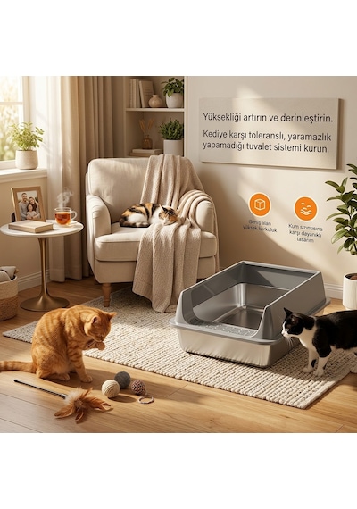 Techtic Yarı Kapalı Çelik Kedi Tuvaleti Yüksek Kenarlı Kürek Hediyeli Paslanmaz Metal Kedi Kum Kabı