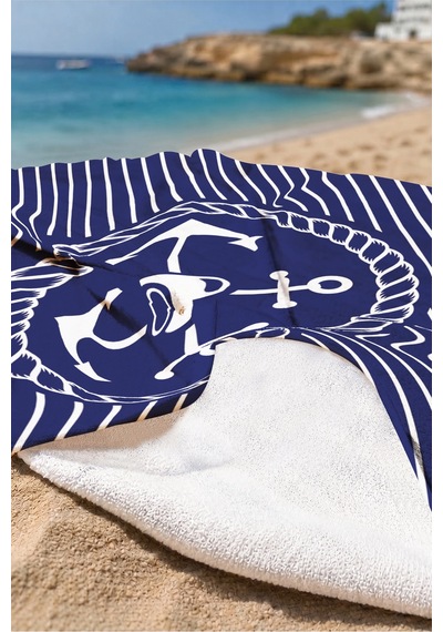 Çapa Marine Çizgili Plaj Havlusu - Lacivert Beyaz Nautical Modern Hızlı Kuruyan Mikrofiber Havlu Kumlu Yasemin