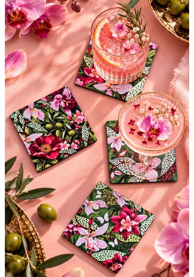 Pembe Orkide, Tropikal Çiçekler Ve Zeytin Dalı Desenli Botanik Floral Temalı 4 Lü Kare Bardak Altlığı Set 9 Cm, 3 Mm Ahşap Mdf, Dijital Baskı - 934211712 Diğer Pembe Orkide, Tropikal Çiçekler Ve Zeytin Dalı Desenli Botanik Floral Temalı 4 Lü Kare Bardak Altlığı Set 9 Cm, 3 Mm Ahşap Mdf, Dijital Baskı - 934211712 Diğer