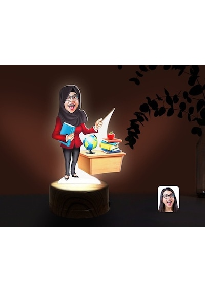 Kişiye Özel Tesettürlü Kadın Öğretmen Karikatürlü Dekoratif 3D Bi (481501229)