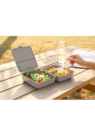 Bölmeli Sağlıklı Saklama Ve Yemek Kabı - Bpa Sız Sağlıklı - Kilit Kapak - Taşınabilir Lunchbox- Açık Gri Renk Çok Renkli