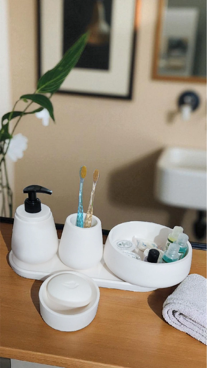 Kırık Beyaz Marble Serisi 5'lı Banyo Seti, Sıvı Sabunluk Diş Fırçalığı Beton Aksesuar Takımı Beyaz