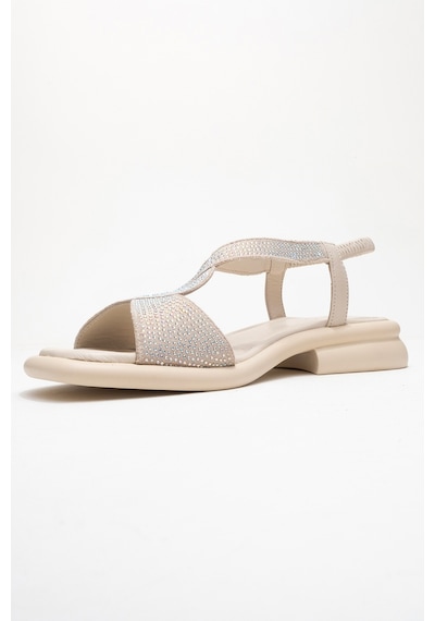 Luvishoes Aurora Ekru Hakiki Deri Taşlı Kadın Sandalet Ekru