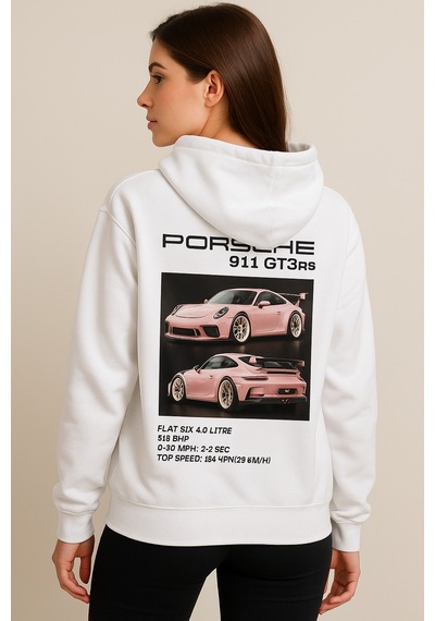 Hmo Store Unisex 911 Gt3 Rs Kapüşonlu Hoodie Beyaz Spor Tarz Beyaz