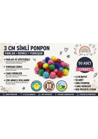 Simli Ponpon 3 Cm 50 Adet Karışık Renk Pon Pon Kreş Okul Etkinliği