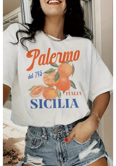 Palermo Sicilya Portakal Temalı Bisiklet Yaka Pamuklu Oversize T-shirt Beyaz