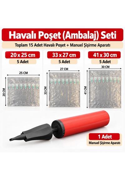 3 Lü Havalı Poşet Seti Toplam 15 Adet + Şişirme Aparatı