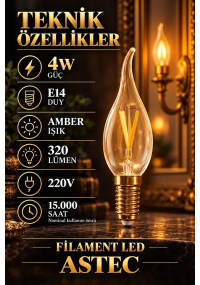 Astec E14 Kıvrık Buji Amber Ampul 4 Watt Amber Işık Dekoratif Filament Led