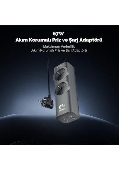 Akım Korumalı Priz, Güç Şeridi, 67w Gan Hızlı Şarj Adaptörü, Tam Zamanlı 6 Bağlantı Noktası, 2x Priz Giri 0