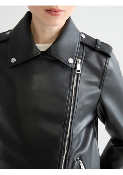 Lcw Everyday Siyah Biker Yaka Kadın Deri Görünümlü Ceket