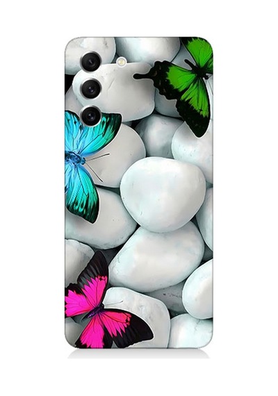 Samsung Galaxy S21 Fe Uyumlu Silikon Kılıf Mavi Yeşil Pembe Kelebekler Ve Beyaz Taşlar