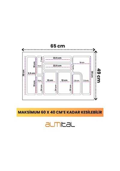 65x49 Cm Antrasit Antibakteriyel Kaşıklık, 60x40 Cm'e Kadar Kesilebilir, Çekmece İçi Kaşıklık Antrasit - Gri