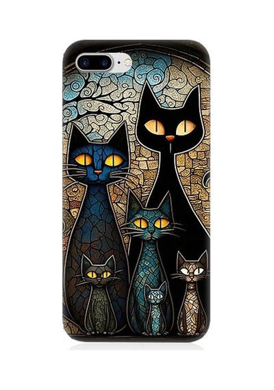 Apple Uyumlu iPhone 7 Plus Vitray Kedi Ailesi Desenli Silikon Kılıf