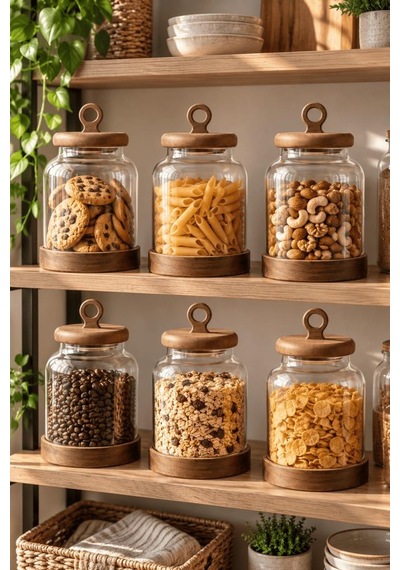 Atbyhome 6'lı Akasya Altlıklı Halka Kulplu Cam Erzak Kavanozu 1100 Ml - Vakumlu Kiler Bakliyat Saklama Kabı Seti Ahşap