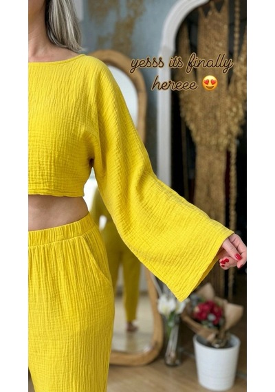 Byemelika Kayık Yaka, İspanyol Kol, Bürümcük, Lucia Crop Bluz Sarı