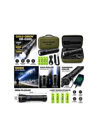 Or-g500 200w 6000 Lümen Uzun Menzilli Zoomlu Led Şarjlı El Feneri Belirtilmemiş