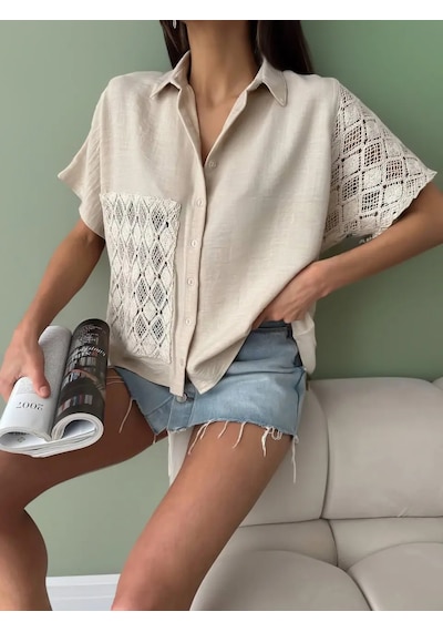 Adisia Kadın Keten Oversize Krem Dantel Detay Kısa Kollu Gömlek Krem