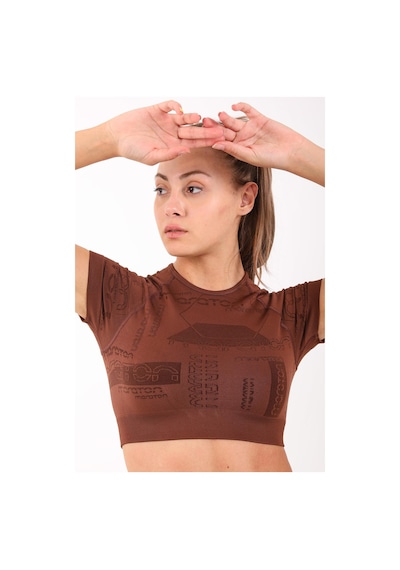 Maraton Active Slimfit Kadın Bisiklet Yaka Kısa Kol Koşu Sepya Crop Top 811037 Kahverengi