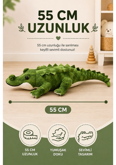 55 Cm Peluş Timsah Küçük Boy Yumuşak Oyuncak Uyku Arkadaşı Sevimli Peluş Timsah Yeşil