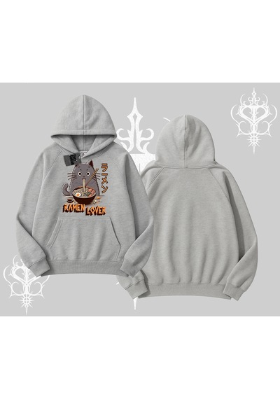 Startmore Kapşonlu Sweatshirt Ramen Lover Kedi Anime Baskılı Gri