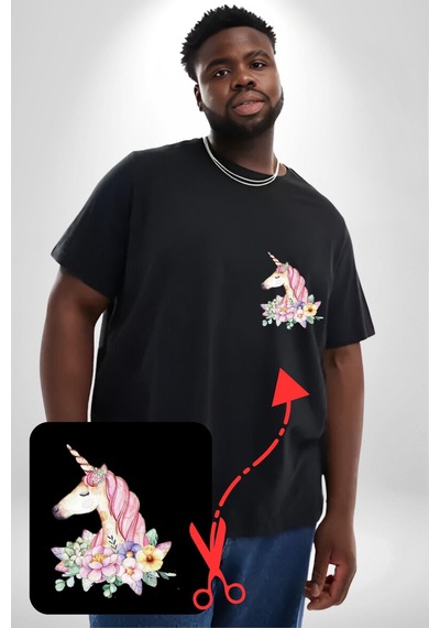 Angemiel Unicorn Çiçek Siyah Büyük Beden Kadın Basic Minimal Baskılı Tişört Siyah