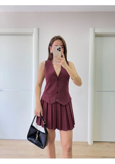 Etiler Collection Takım Görünümlu Yelekli Mini Elbise- Bordo