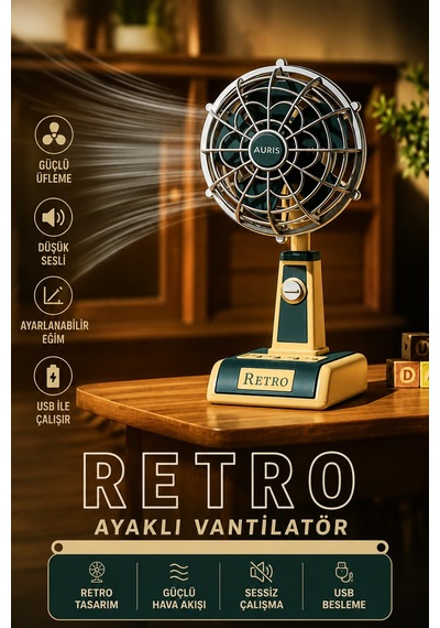 Exenar - Bej - Şarjlı Masaüstü Mini Vantilatör Fan Retro Tasarım Vintage Mini Üfleme Şarjlı 1800mah Batarya 3 Mod