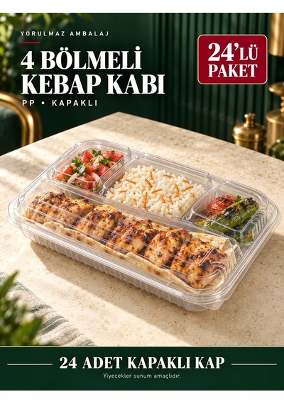 4 Bölmeli Pp Kapaklı Kebap Kabı 24 Lü Paket Şeffaf Yemek Ve Menü Kabı