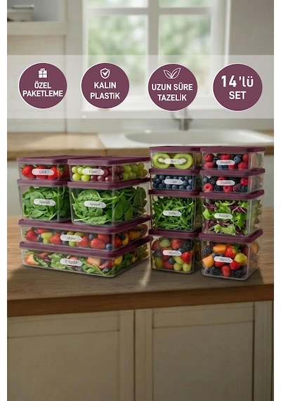 14'lü Set Nora Organizer Buzdolabı Buzluk Düzenleyici Saklama Kabı Mürdüm