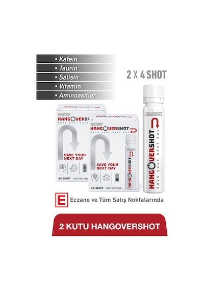 Hangovershot Kafein, Taurin, Vitamin Ve Aminoasitler İçeren Gıda Takviyesi 2x4 Shot