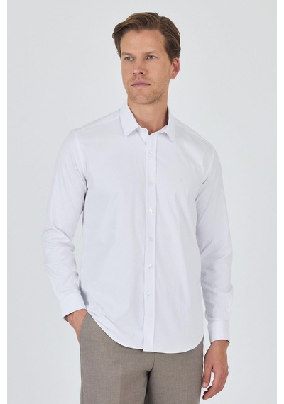 İmza Uzun Kol Düz Bez Ayağı Sert Yaka Cepsiz Pamuklu Classic Slim Fit Gömlek 1004250195 Beyaz