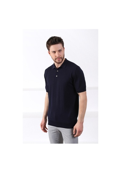 Ferraro Lacivert Polo Yaka Düz Renk Erkek Pamuk Triko T-Shirt-Lacivert