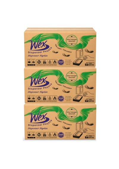 Wex Dispenser Peçete 3 Koli Toplam 54 Paket, 250 Yaprak, 2 Katlı, %100 Selüloz
